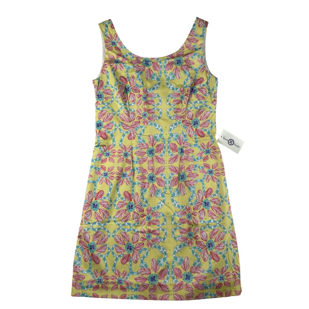 Kaeli Smith Dress Womens 2 Yellow Floral Sheath Scoop Neck Lined Cotton Summer